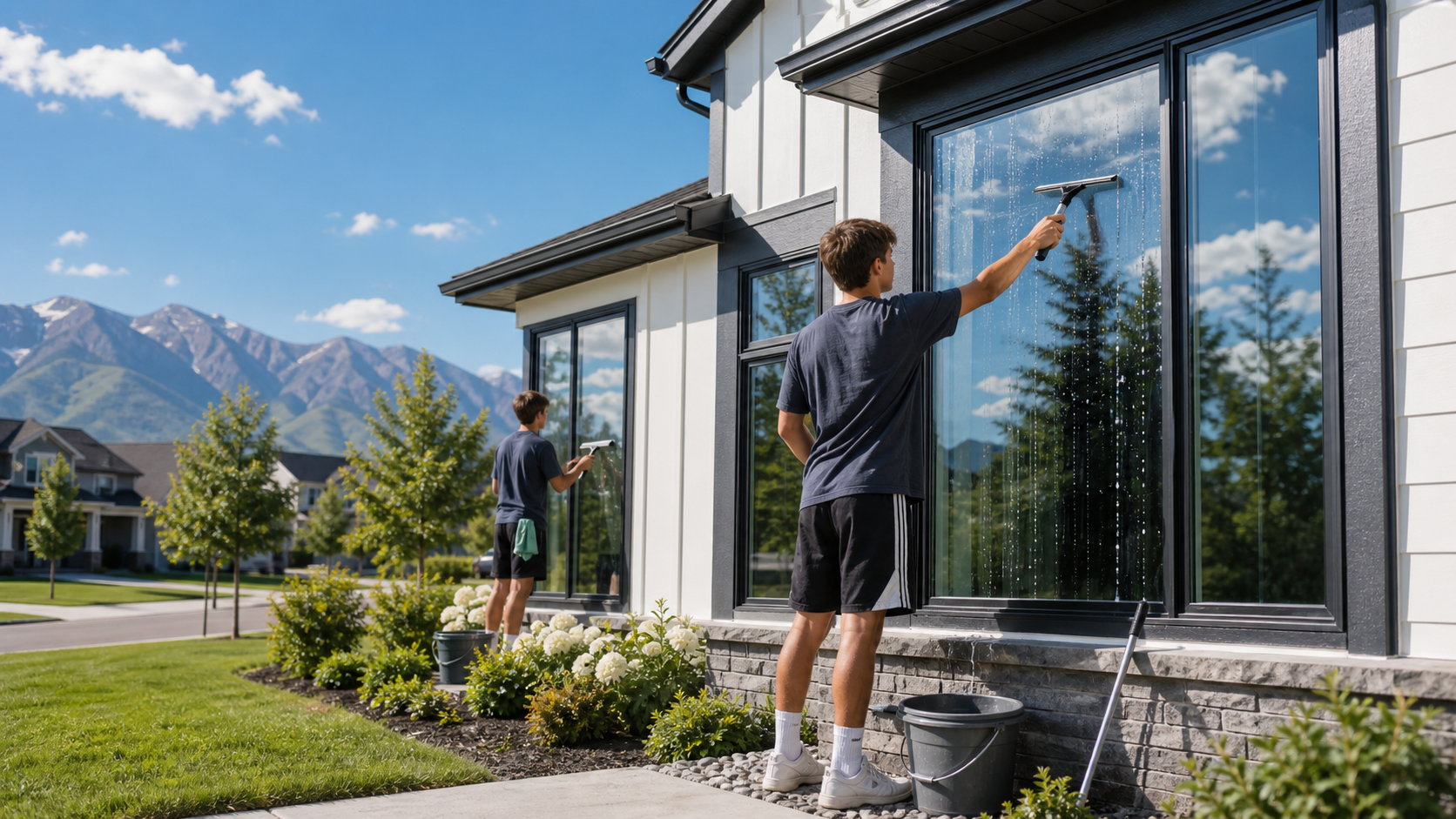 Window washers cleaning residential windows on a sunny Highland Utah home